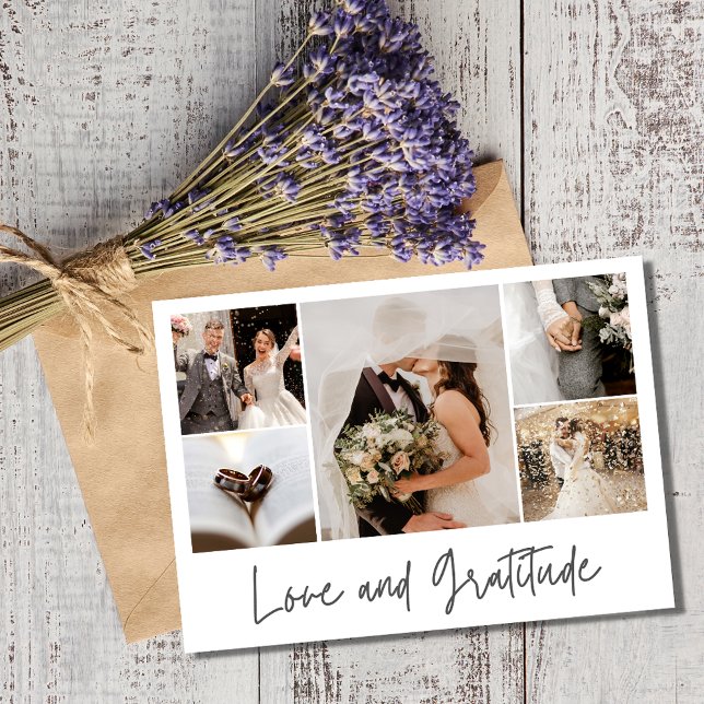 Elegant Photo Collage Bröllop Tack Kort (Elegant Photo Love and Gratitude Collage Wedding Thank You)