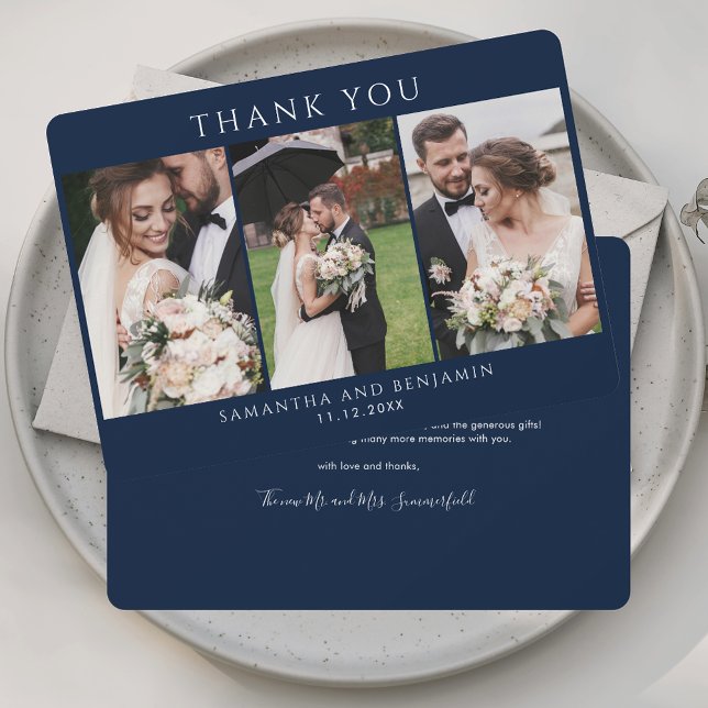Elegant Photo Collage Bröllop - tackkort Anteckningskort (Elegant Photo Collage Wedding Thank You Card)