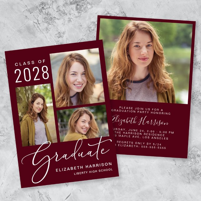Elegant Photo Collage Burgundy Studentfest Inbjudningar (An elegant photo collage graduation party invitation to celebrate the graduate's achievements)