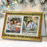 Elegant Photo Collage Gold Red Green Name Helgkort<br><div class="desc">From the Charm Design Studio, a unique and wonderful Christmas frame for family photos on your special Christmas Card. The frame combines gold; green leaves and red -- with a touch of glitter -- to set it off. Room for two photos and several options for personalizing the card. If you'd...</div>