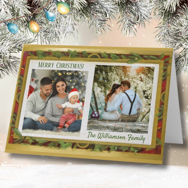 Elegant Photo Collage Gold Red Green Name Helgkort (Skapare uppladdad)