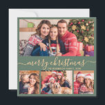 Elegant Photo Collage Grönt Guld-skript jul Julkort<br><div class="desc">Modern Minimalistisk Elegant Sage Grönt och Guld "God jul" Script 4 Photo Collage Helgdag Card. Den här snygga, vismliknande, fyra (4) fotokortsmallen har en söt fotokollage och säger "God jul"! Texten "God jul" hälsning är skriven i ett vackert handskrivet, snabbt och rostiskt svan-typsteckensnitt eller typografi i sage grönt, guld och...</div>