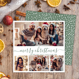 Elegant Photo Collage Grönt Script Snöjul Julkort