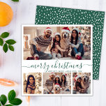 Elegant Photo Collage Grönt Script Snöjul Julkort<br><div class="desc">Minimalistiskt Modern Elegant Calligraphy White and Mörk grönt 4 Photo Collage God jul Calligraphy Script Helgdag Card. Den här festiva, imimalistiska, vismatiska 4 (4) fotokortsmallen innehåller en söt fotokollage och säger "God jul"! Texten "God jul" hälsning är skriven i ett vackert handsbrev som snabbt och färdigt stryker svan i mörk...</div>