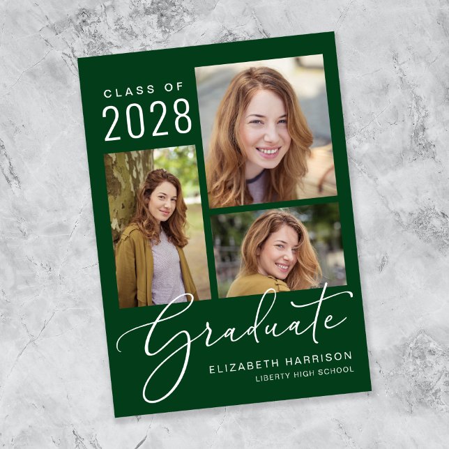 Elegant Photo Collage Grönt Studenten Meddelande (An elegant photo collage graduation announcement to celebrate the graduate's achievements)