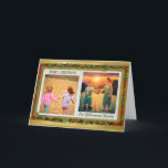 Elegant Photo Collage Guld Red Grönt Namn Helgkort<br><div class="desc">Från Charm Design Studio, en unik och underbar jul ram för familjefotografier på ditt speciella julkort. Ram förenar guld, grönt löv och rött - med en liten bit glitter - för att släcka det. Rum för två foton och flera alternativ för att anpassa kortet. Om du vill ha något designat...</div>