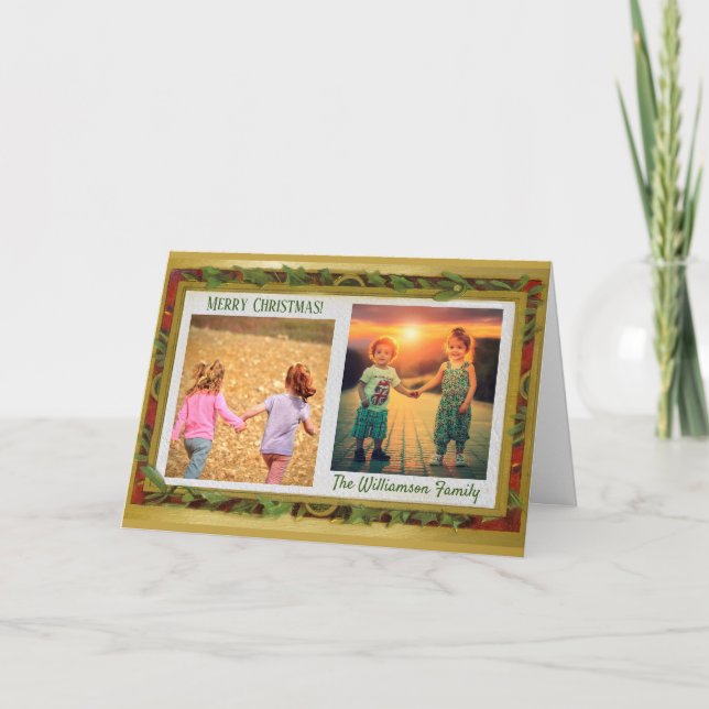 Elegant Photo Collage Guld Red Grönt Namn Helgkort (Framsida)