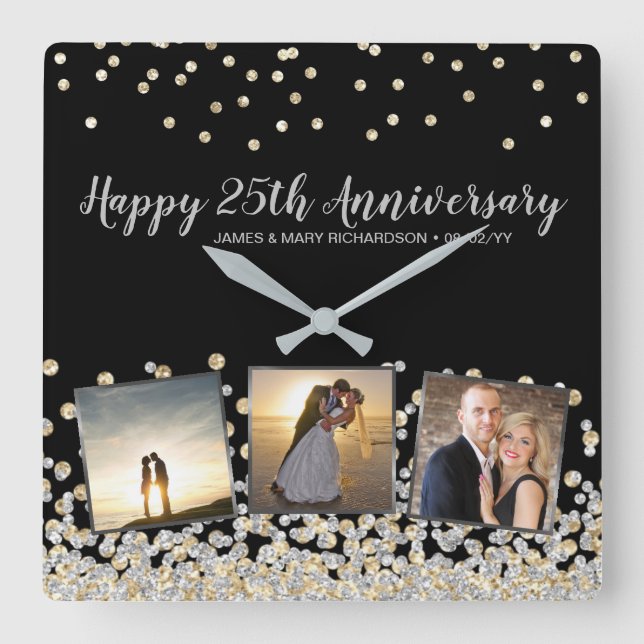 Elegant Photo Collage Guld Silver 25-årsjubileum Fyrkantig Klocka (Framsida)