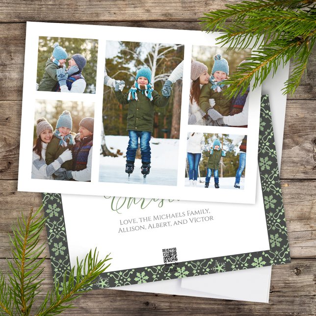 Elegant Photo Collage jul Snöflingor Julkort (Merry Christmas Calligraphy Script holiday multi photo card with elegant snowflake pattern)