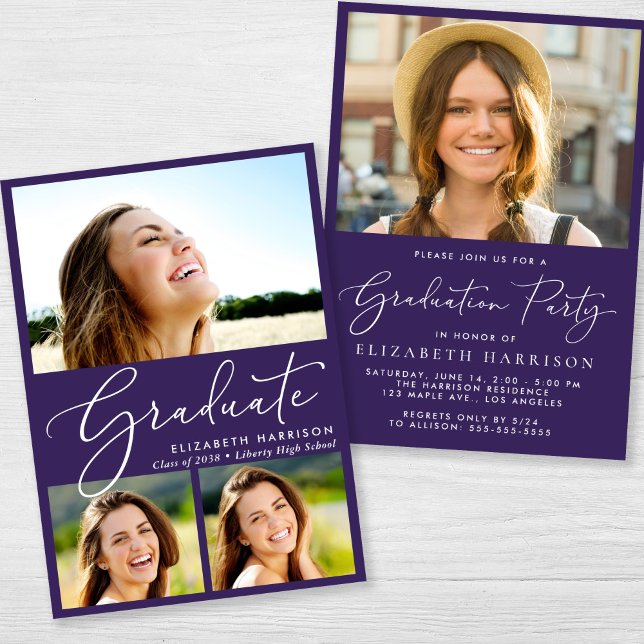 Elegant Photo Collage Lila Studentfest Inbjudningar (An elegant photo graduation party invitation to celebrate the graduate's achievements)