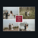 Elegant Photo Collage Merry & Married Vykort<br><div class="desc">Bröllop julkort med plats för fyra av dina bröllop-foton. Merry & Married skriven mot djup burgundi med en underbar illustration av en leafy twig. Lägg till egna foton och på baksidan en personlig anteckning.</div>