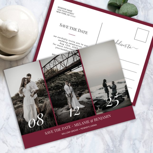 Elegant Photo Collage Ro Rosa Spara datum Vykort (Elegant Photo Collage Rose Pink Save the Date Postcard)