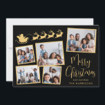 Elegant Photo Collage Santa Sleigh Black Guld Julkort<br><div class="desc">Elegant Black and guld helgdag card med 5 bildsamlingar av utspridt bilder i ramar,  en silhuett av renar som flyger tomtens slift,  "God jul" i ett snyggt-skript och ditt namn i vanlig modern typografi.</div>