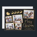 Elegant Photo Collage Santa Sleigh Black Guld Julkort<br><div class="desc">Elegant Black and guld helgdag card med 5 bildsamlingar av utspridt bilder i ramar,  en silhuett av renar som flyger tomtens slift,  "God jul" i ett snyggt-skript och ditt namn i vanlig modern typografi.</div>