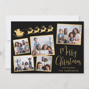 Elegant Photo Collage Santa Sleigh Black Guld Julkort