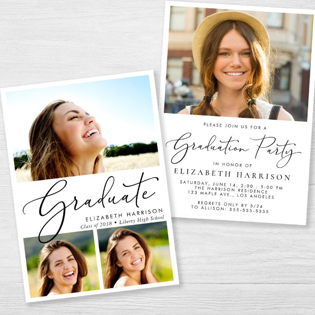 Elegant Photo Collage Studentfest Inbjudningar (An elegant photo graduation party invitation to celebrate the graduate's achievements)