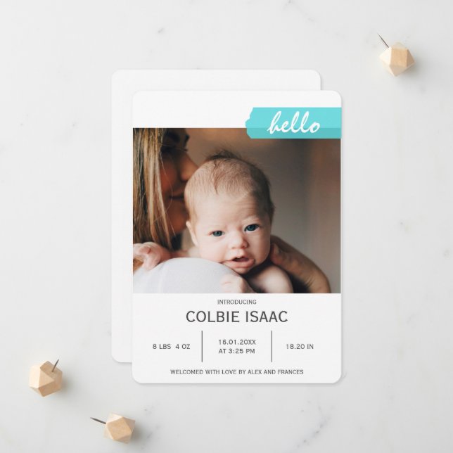 Elegant Photo Collage Teal Washi Tape Baby Birth Meddelande (Fram/Back In Situ)