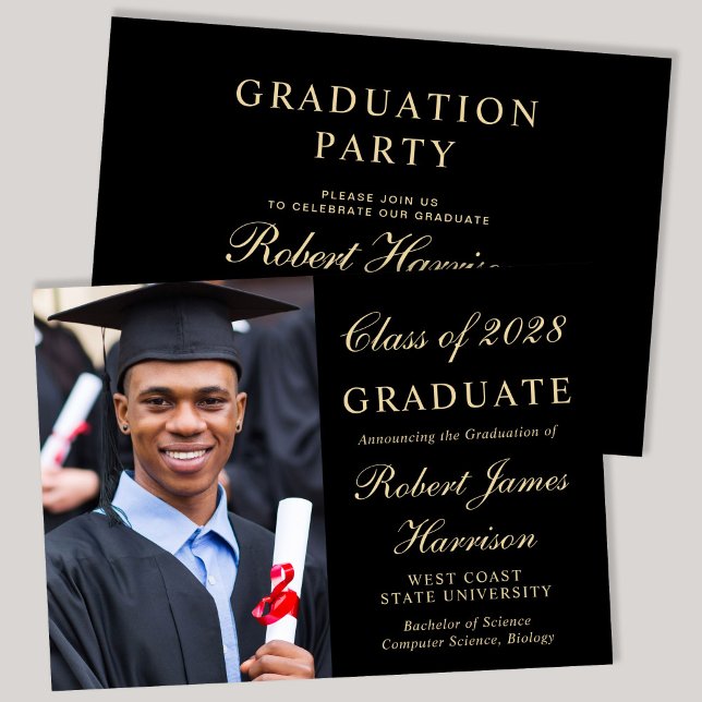 Elegant Photo College Black Studentfest Inbjudningar (An elegant college graduation party invitation to celebrate the graduate's achievements)