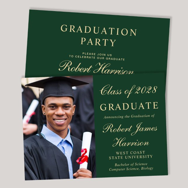 Elegant Photo College Grönt Studentfest Inbjudningar (An elegant college graduation party invitation to celebrate the graduate's achievements)