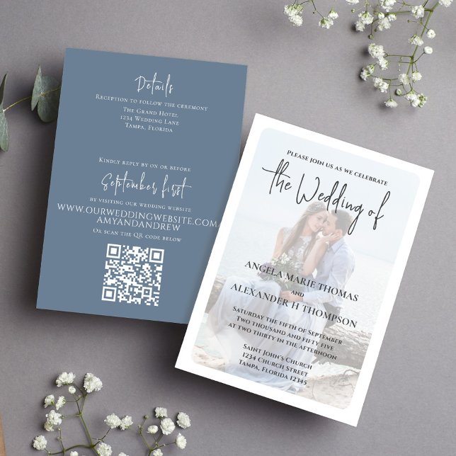 Elegant Photo Dusty Blue Minimalist QR Code OSA Inbjudningar (Elegant Wedding invitation with a minimalist photo vellum photo overlay effect.)