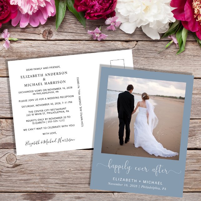 Elegant Photo Dusty Blue Wedding Reception Inbjudan Vykort (Skapare uppladdad)