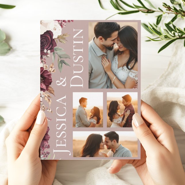 Elegant Photo Dusty Ro Rosa Blommigt Bröllop Inbjudningar (Modern Burgundy Dusty Rose Photo Collage Wedding Invitation
)