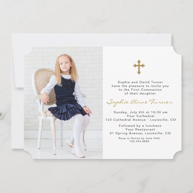 Elegant Photo Girl Guld Kor First Heliga Communion Inbjudningar (Framsida)