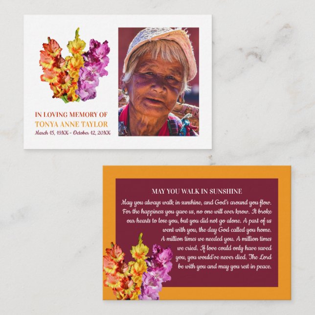 Elegant Photo, Gladiolus Flowers, Prayer Card Visitkort (Fram/baksida)