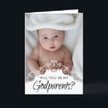 Elegant Photo Godföräldrar Frieri Kort<br><div class="desc">"Kommer du att bli mina gudföräldrar?" elegant gudföräldrar frieri kort. Utformningsfunktioner för snyggt,  vitt prydnadsdjur ram ovanpå ditt favoritfoto från baby och meddelande för framtida gudföräldrar inuti.</div>