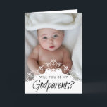 Elegant Photo Godföräldrar Frieri Kort<br><div class="desc">"Kommer du att bli mina gudföräldrar?" elegant gudföräldrar frieri kort. Utformningsfunktioner för snyggt,  vitt prydnadsdjur ram ovanpå ditt favoritfoto från baby och meddelande för framtida gudföräldrar inuti.</div>