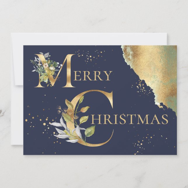 Elegant Photo Gold Foil Blommigt Blue jul Julkort (Framsida)