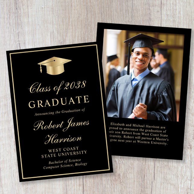 Elegant Photo Gold Grad Cap Black Graduation Meddelande (Elegant Photo Gold Grad Cap Black Graduation Announcement)