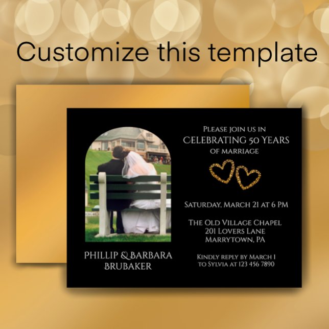 Elegant Photo Golden 50:e Bröllop-årsdagen Inbjudan Vykort (Add couple’s photo and details for an elegant personalized 50th wedding anniversary party invitation)