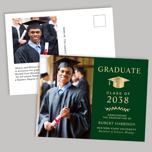 Elegant Photo Grönt Guld College Graduation Meddelande Vykort (An elegant college graduation announcement to celebrate the graduate's achievements)