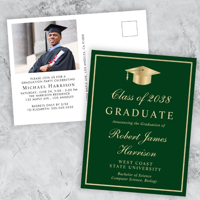 Elegant Photo Grönt Guld College Graduation Party Inbjudan Vykort (An elegant college graduation party invitation to celebrate the graduate's achievements)