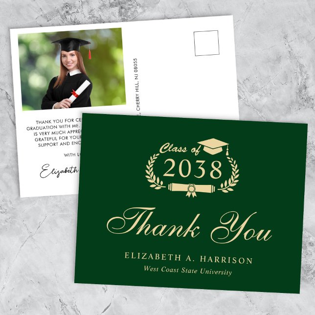 Elegant Photo Grönt Guld Studenten Tack Vykort (An elegant photo graduation thank you card to show gratitude to friends and family for their support)