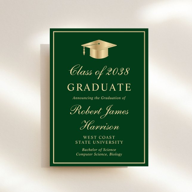 Elegant Photo Grönt Guld Studentfest Inbjudningar (An elegant college graduation party invitation to celebrate the graduate's achievements)