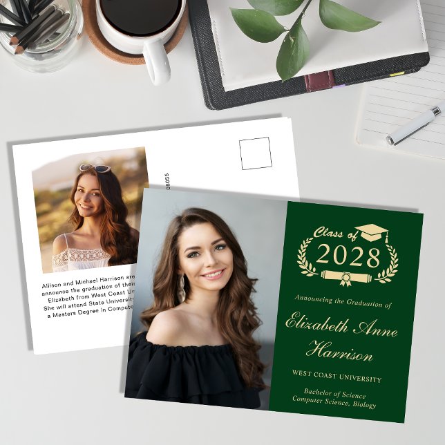 Elegant Photo Grönt Studenten Vykort (Our user-friendly template makes it a breeze to upload your photo and personalize your announcement)