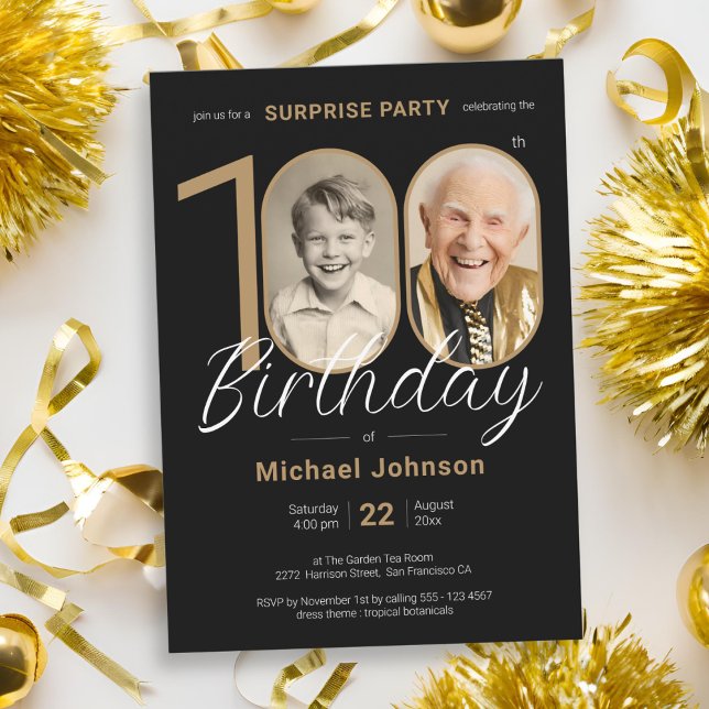 Elegant Photo Guld Black Surprise 100 födelsedagar Inbjudningar (Elegant Photo Gold Black Surprise 100th Birthday Invitation)