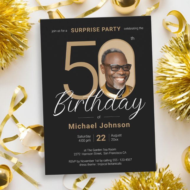 Elegant Photo Guld Black Surprise 50:e födelsedage Inbjudningar (Elegant Photo Gold Black Surprise 50th Birthday Invitation)