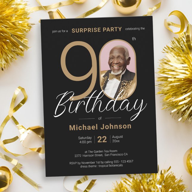 Elegant Photo Guld Black Surprise 90:e Birthday Inbjudningar (Elegant Photo Gold Black Surprise 90th Birthday Invitation)
