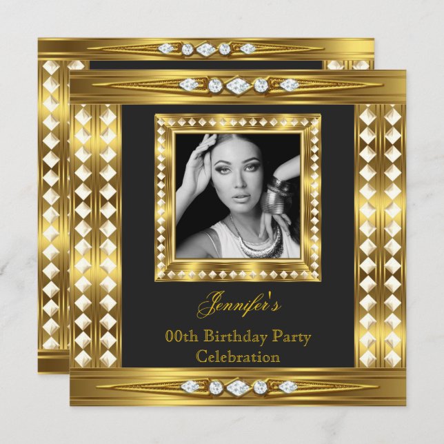 Elegant Photo Guld Glam Diamond Black Birthday Inbjudningar (Fram/baksida)