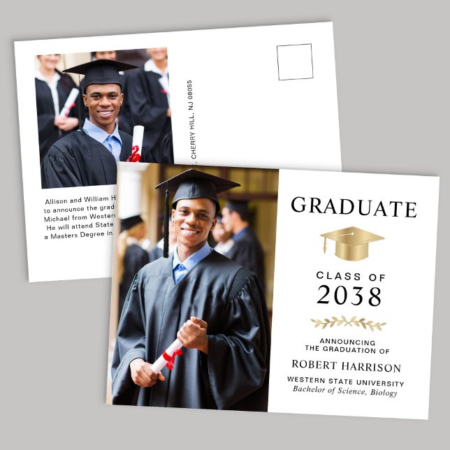 Elegant Photo Guld Grad Cap College Graduation Meddelande Vykort (An elegant college graduation announcement to celebrate the graduate's achievements)