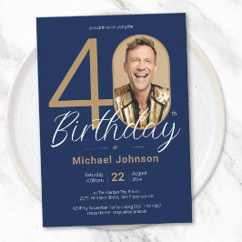 Elegant Photo Guld marinblå 40:e födelsedag Inbjudningar