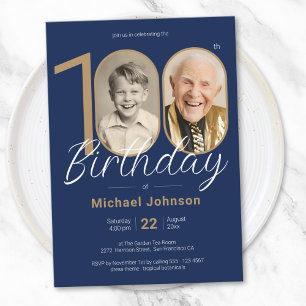 Elegant Photo Guld Navy Blue 100 Birthday Inbjudningar