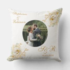 Elegant Photo Guld White Blommigt Monogram Bröllop Kudde