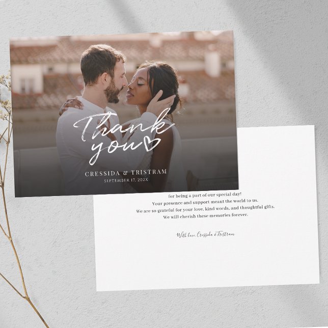 Elegant Photo Hand-Lettered Bröllop Tack Kort (Mixed Couple Photo Wedding Thank You Card)