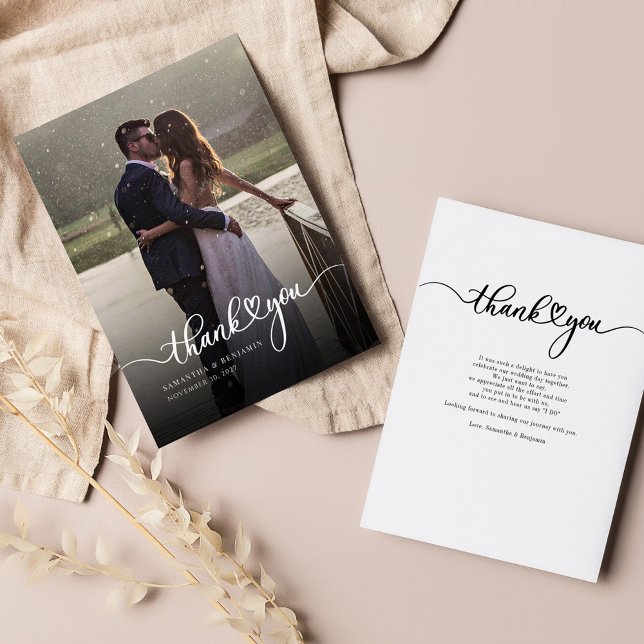 Elegant Photo Hand-Lettered Tack Bröllop Anteckningskort (Wedding Thank You Photo Modern Hand-Lettered Script Note Card)