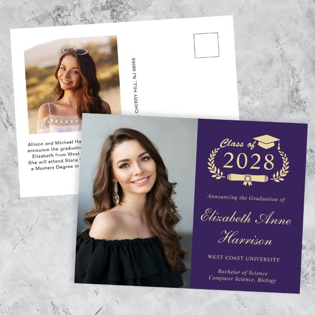 Elegant Photo Lila College Graduation Vykort (An elegant college graduation announcement postcard to celebrate the graduate's achievements)