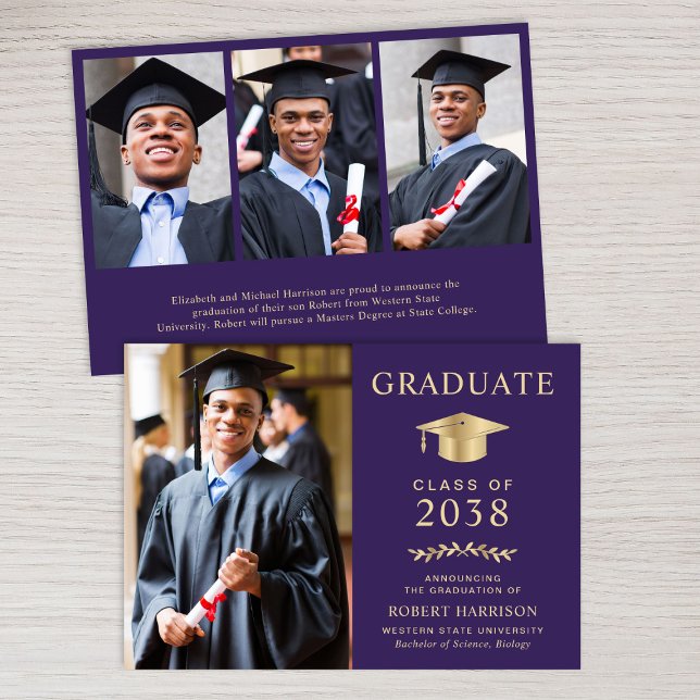 Elegant Photo Lila Guld College Graduation Meddelande (An elegant college graduation announcement to celebrate the graduate's achievements)
